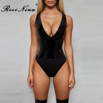  Sexy Bodysuit Women V Neck Sleeveless PU Bodycon Rompers Womens Jumpsuit Summer Autumn Body Suit Beige Black Red